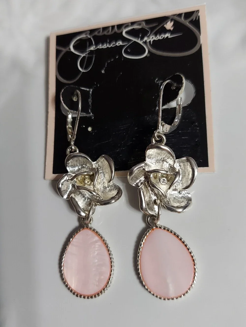 Jessica Simpson/Textured Silver Rose w/Oval Framed Faux Pink Shell Drop Earrings